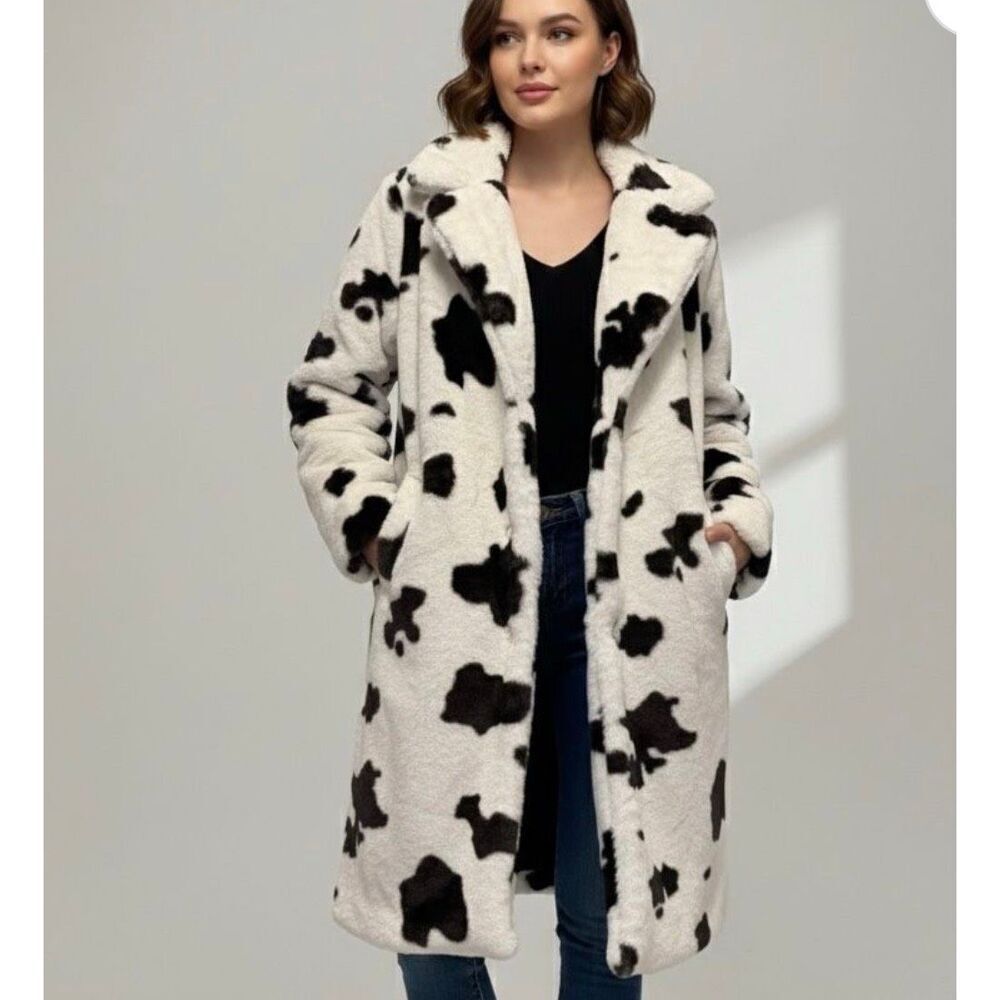 Amber Sky Cow Print Faux Fur Longline Coat Nwt Size XL